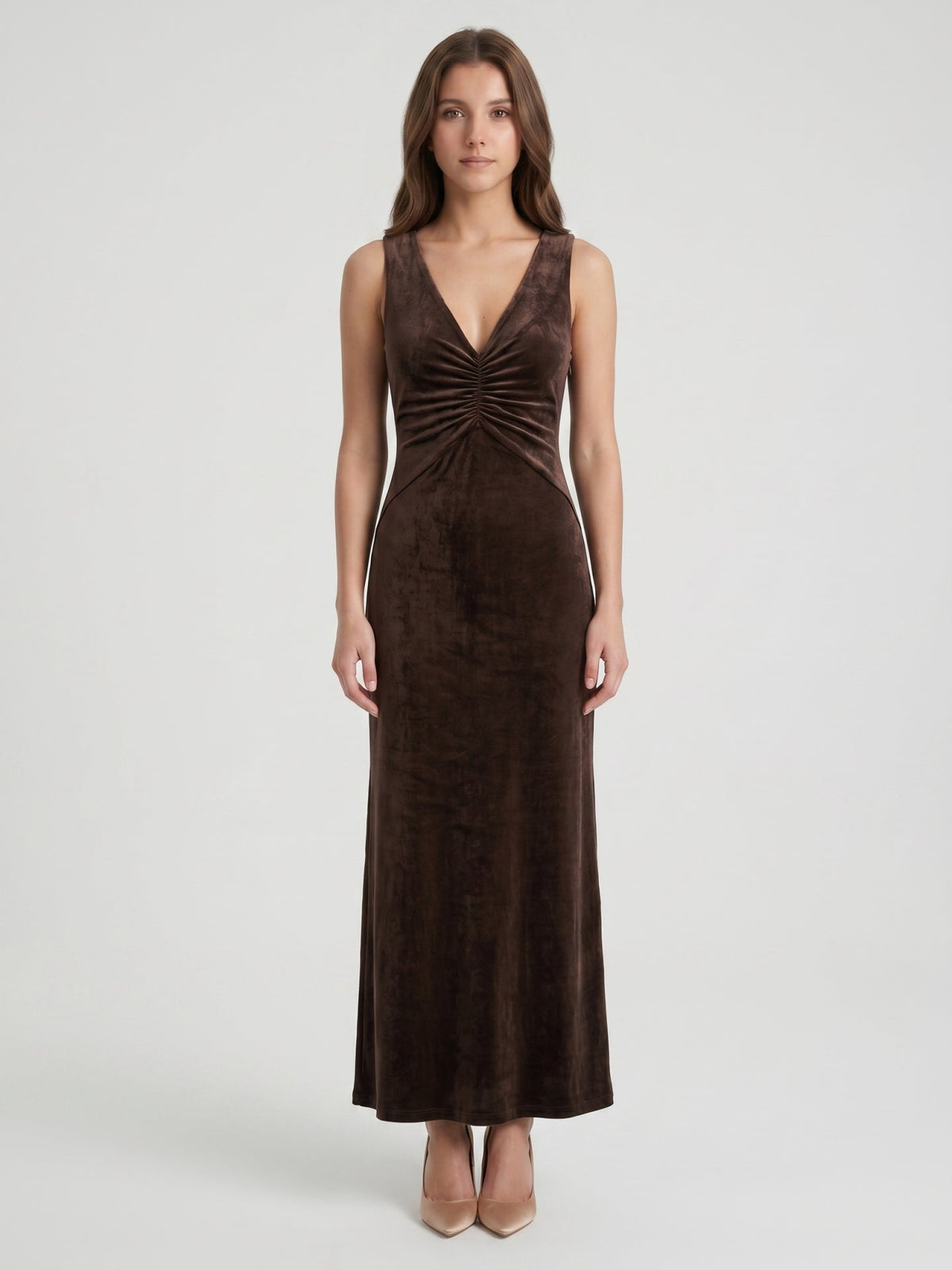 Espresso Velvet Sheath Cowl Neck Back Zip Floor-Length Bridesmaid Dress - Curvevia
