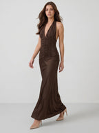 Espresso Satin Sheath Halter Backless Floor-Length Pleated Bridesmaid Dress - Curvevia