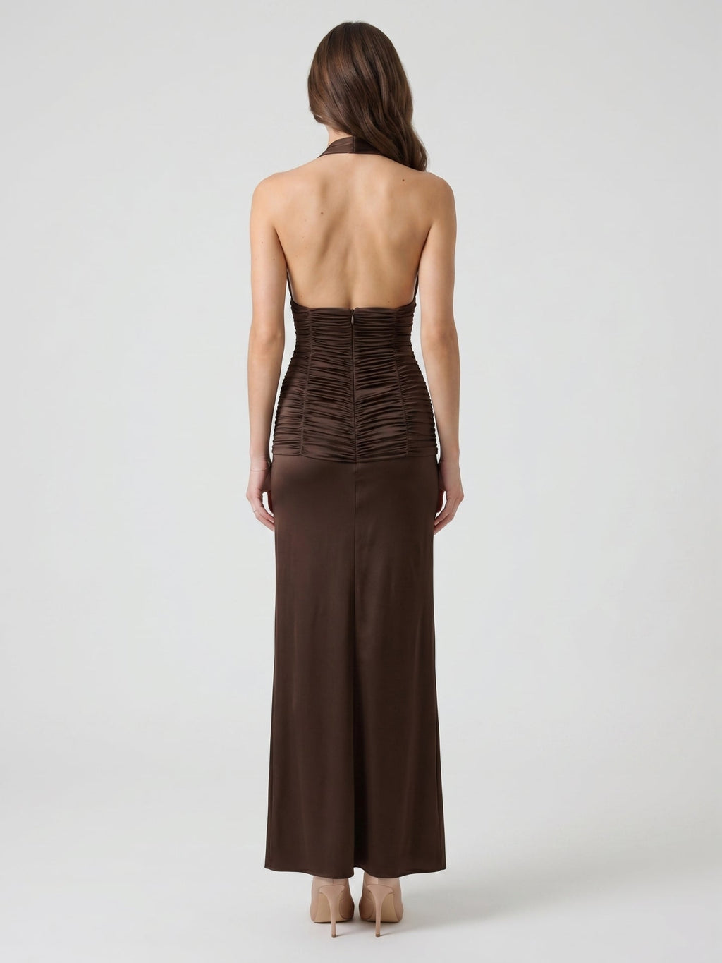 Espresso Satin Sheath Halter Backless Floor-Length Pleated Bridesmaid Dress - Curvevia