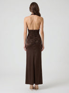 Espresso Satin Sheath Halter Backless Floor-Length Pleated Bridesmaid Dress - Curvevia