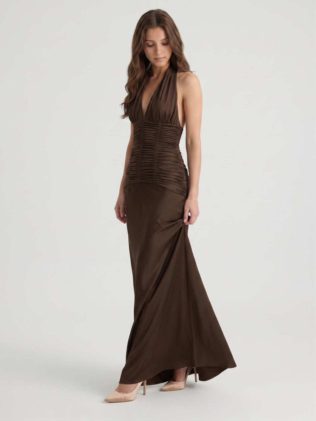 Espresso Satin Sheath Halter Backless Floor-Length Pleated Bridesmaid Dress - Curvevia