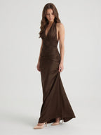 Espresso Satin Sheath Halter Backless Floor-Length Pleated Bridesmaid Dress - Curvevia