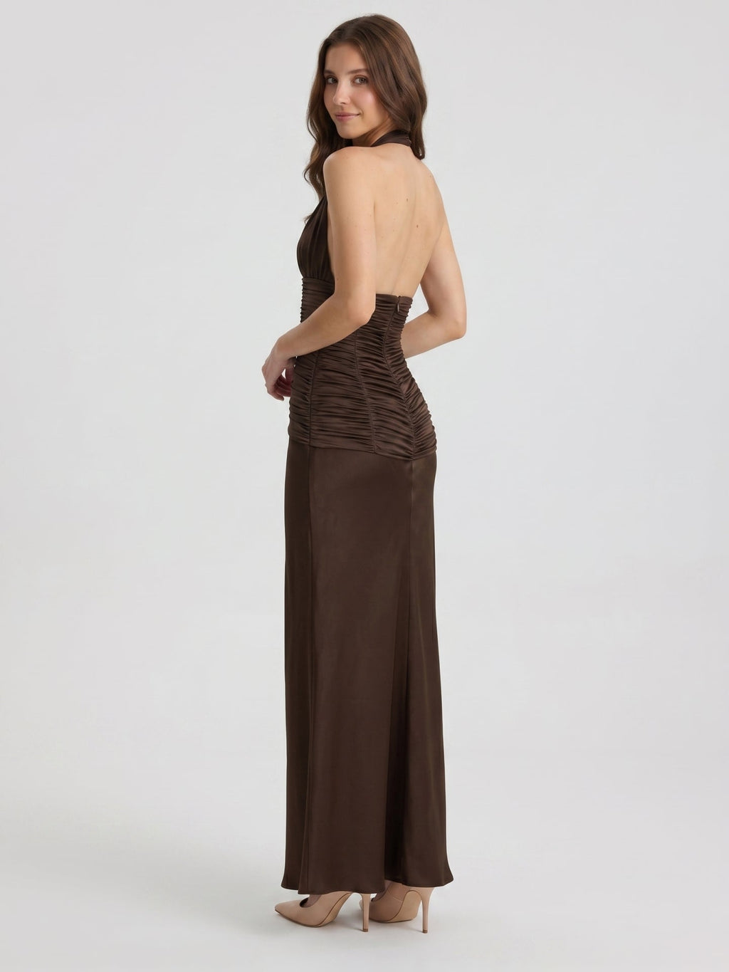 Espresso Satin Sheath Halter Backless Floor-Length Pleated Bridesmaid Dress - Curvevia