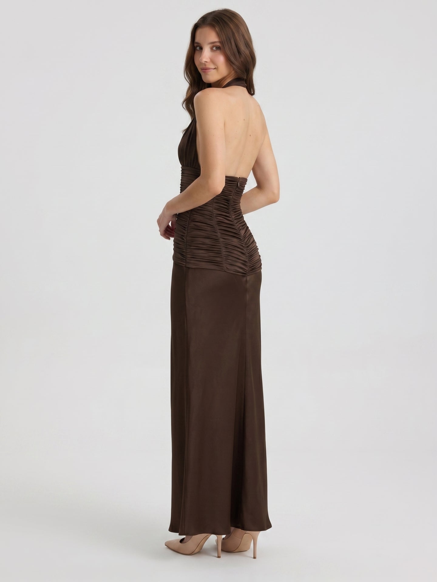 Espresso Satin Sheath Halter Backless Floor-Length Pleated Bridesmaid Dress - Curvevia