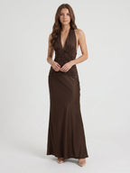 Espresso Satin Sheath Halter Backless Floor-Length Pleated Bridesmaid Dress - Curvevia