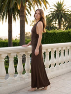 Espresso Satin Sheath Halter Backless Floor-Length Pleated Bridesmaid Dress - Curvevia