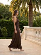 Espresso Satin Sheath Halter Backless Floor-Length Pleated Bridesmaid Dress - Curvevia