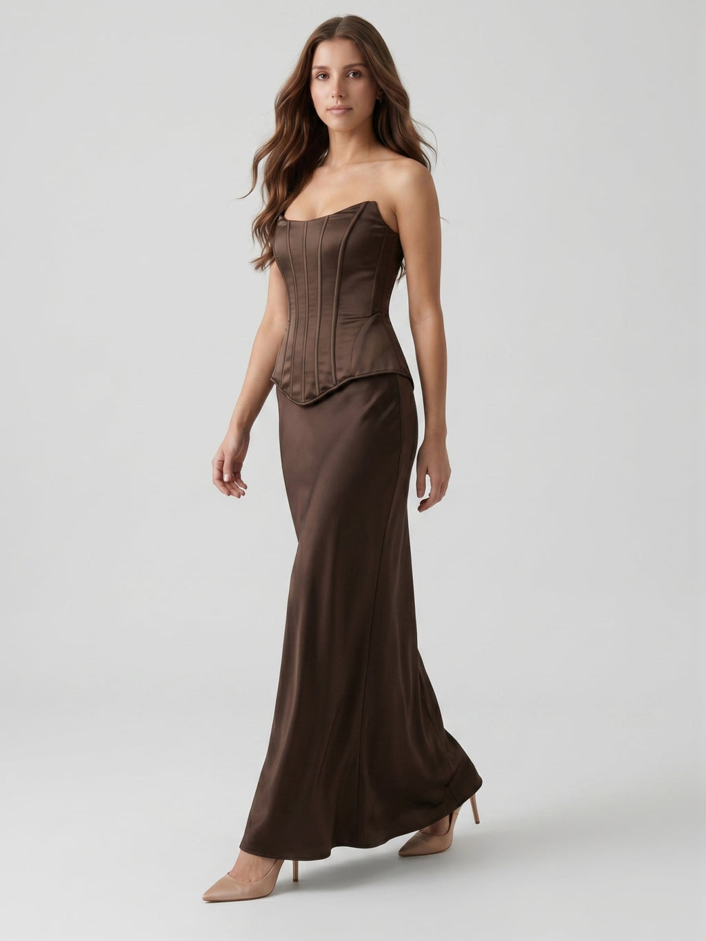 Espresso Satin Sheath Straight Neck Corset Back Floor-Length Bridesmaid Dress - Curvevia