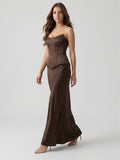Espresso Satin Sheath Straight Neck Corset Back Floor-Length Bridesmaid Dress - Curvevia