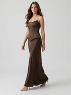 Espresso Satin Sheath Straight Neck Corset Back Floor-Length Bridesmaid Dress - Curvevia