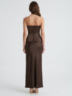 Espresso Satin Sheath Straight Neck Corset Back Floor-Length Bridesmaid Dress - Curvevia
