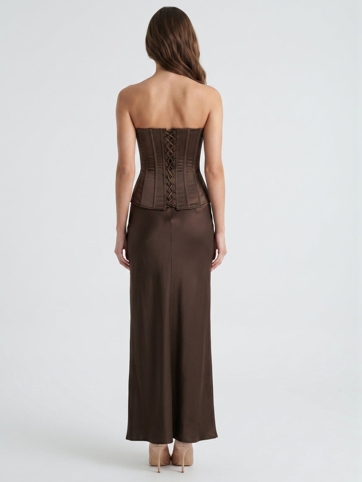 Espresso Satin Sheath Straight Neck Corset Back Floor-Length Bridesmaid Dress - Curvevia