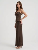 Espresso Satin Sheath Straight Neck Corset Back Floor-Length Bridesmaid Dress - Curvevia