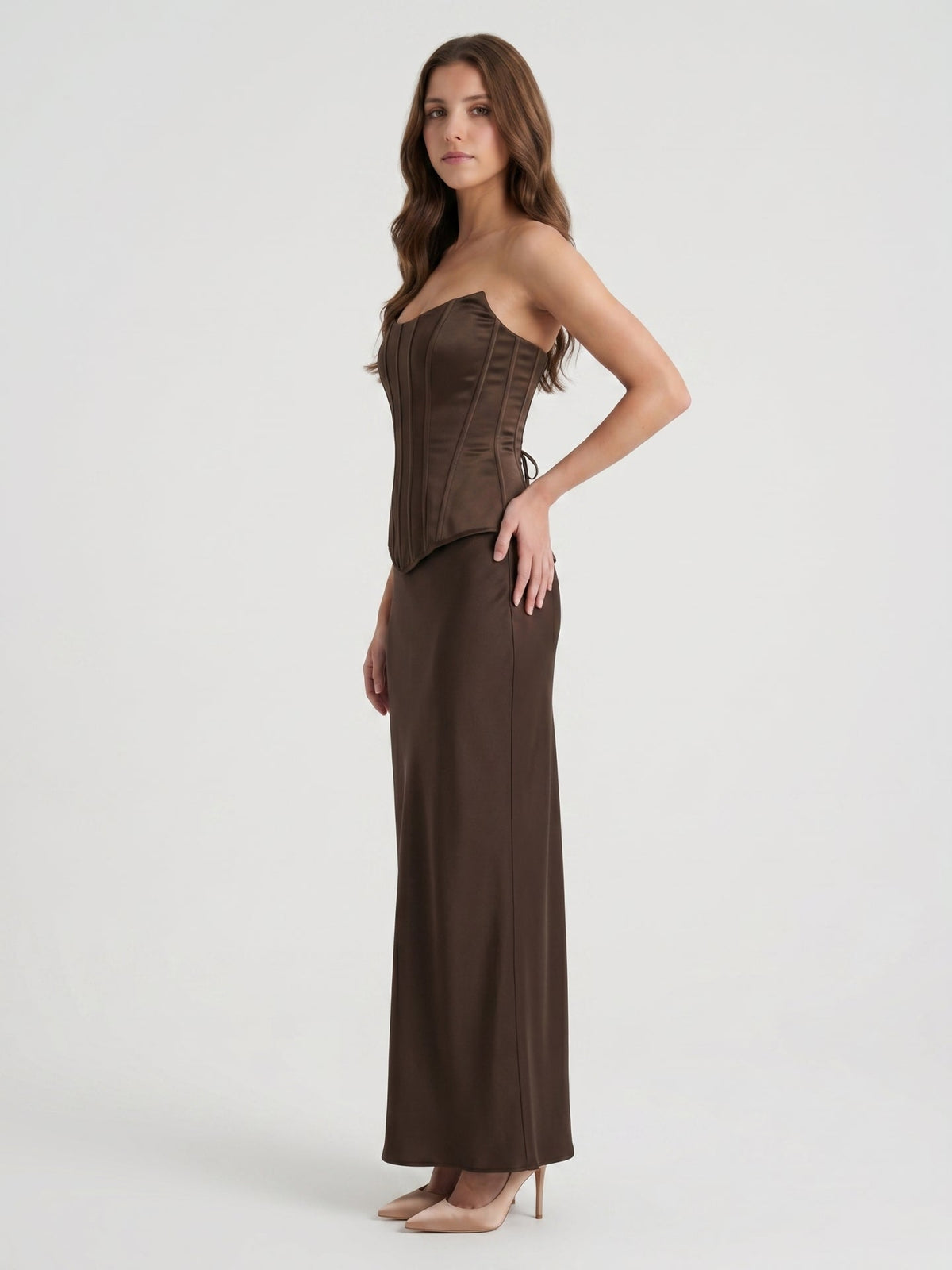 Espresso Satin Sheath Straight Neck Corset Back Floor-Length Bridesmaid Dress - Curvevia