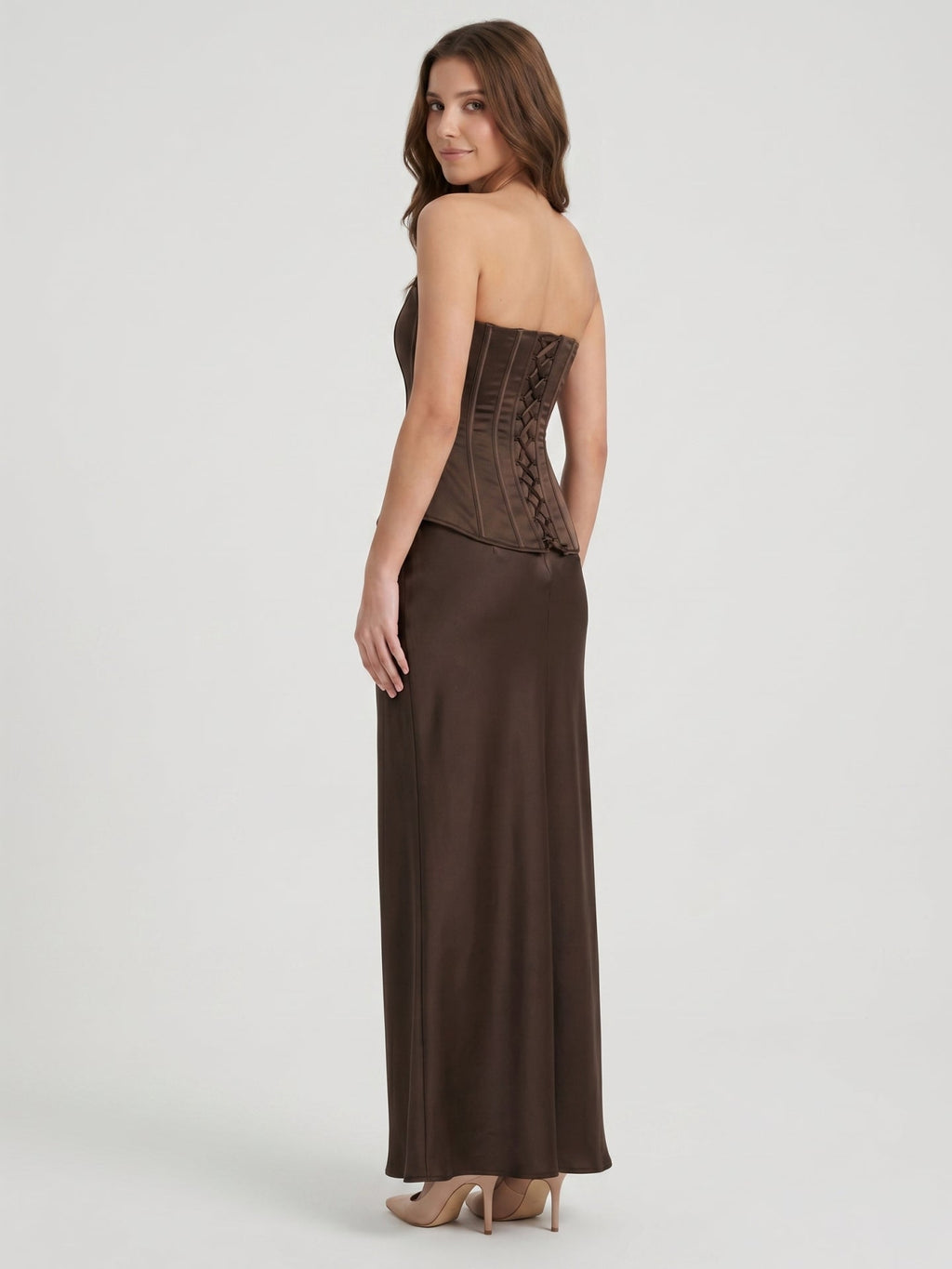 Espresso Satin Sheath Straight Neck Corset Back Floor-Length Bridesmaid Dress - Curvevia