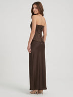 Espresso Satin Sheath Straight Neck Corset Back Floor-Length Bridesmaid Dress - Curvevia