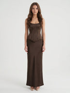 Espresso Satin Sheath Straight Neck Corset Back Floor-Length Bridesmaid Dress - Curvevia