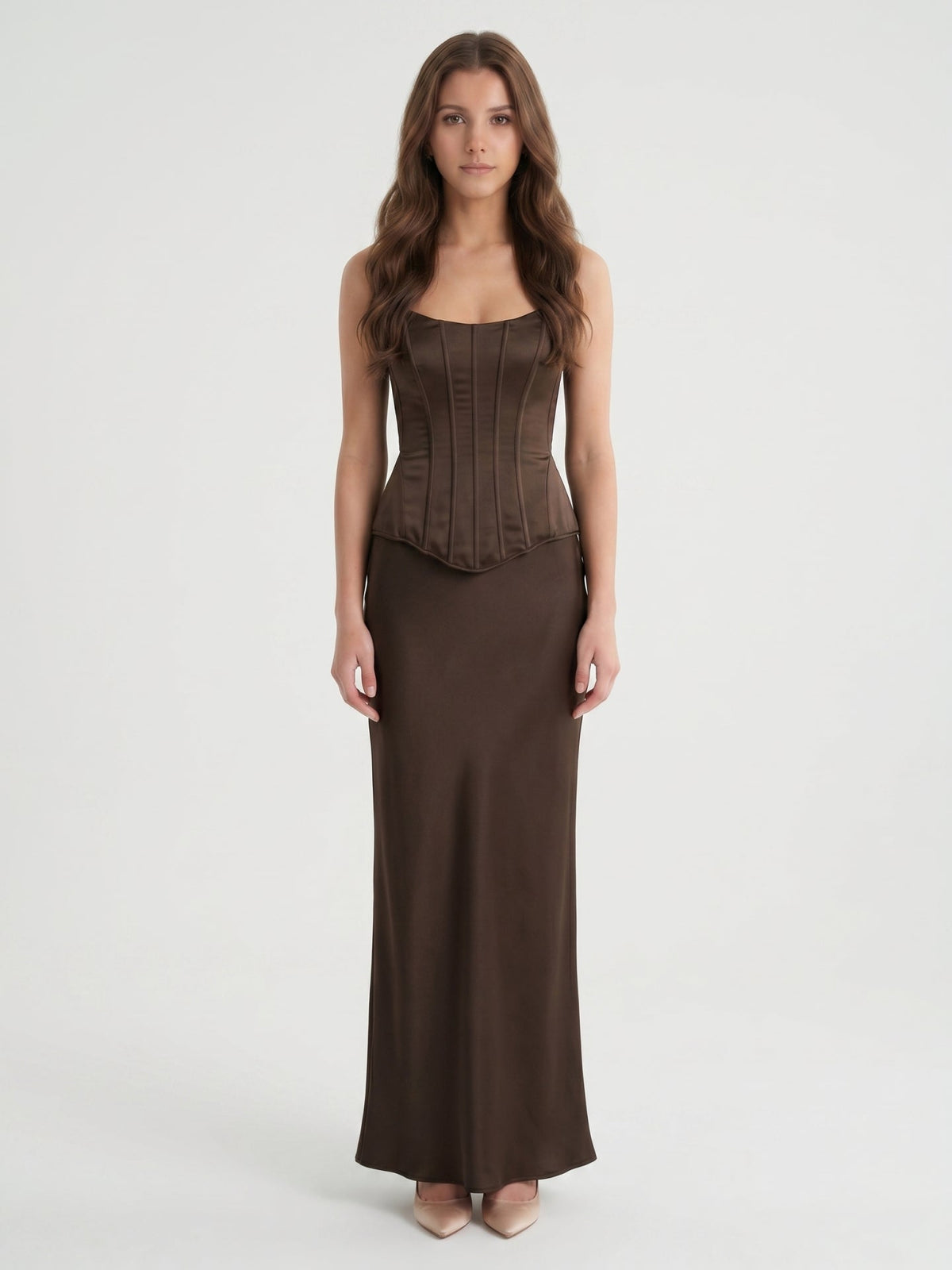 Espresso Satin Sheath Straight Neck Corset Back Floor-Length Bridesmaid Dress - Curvevia