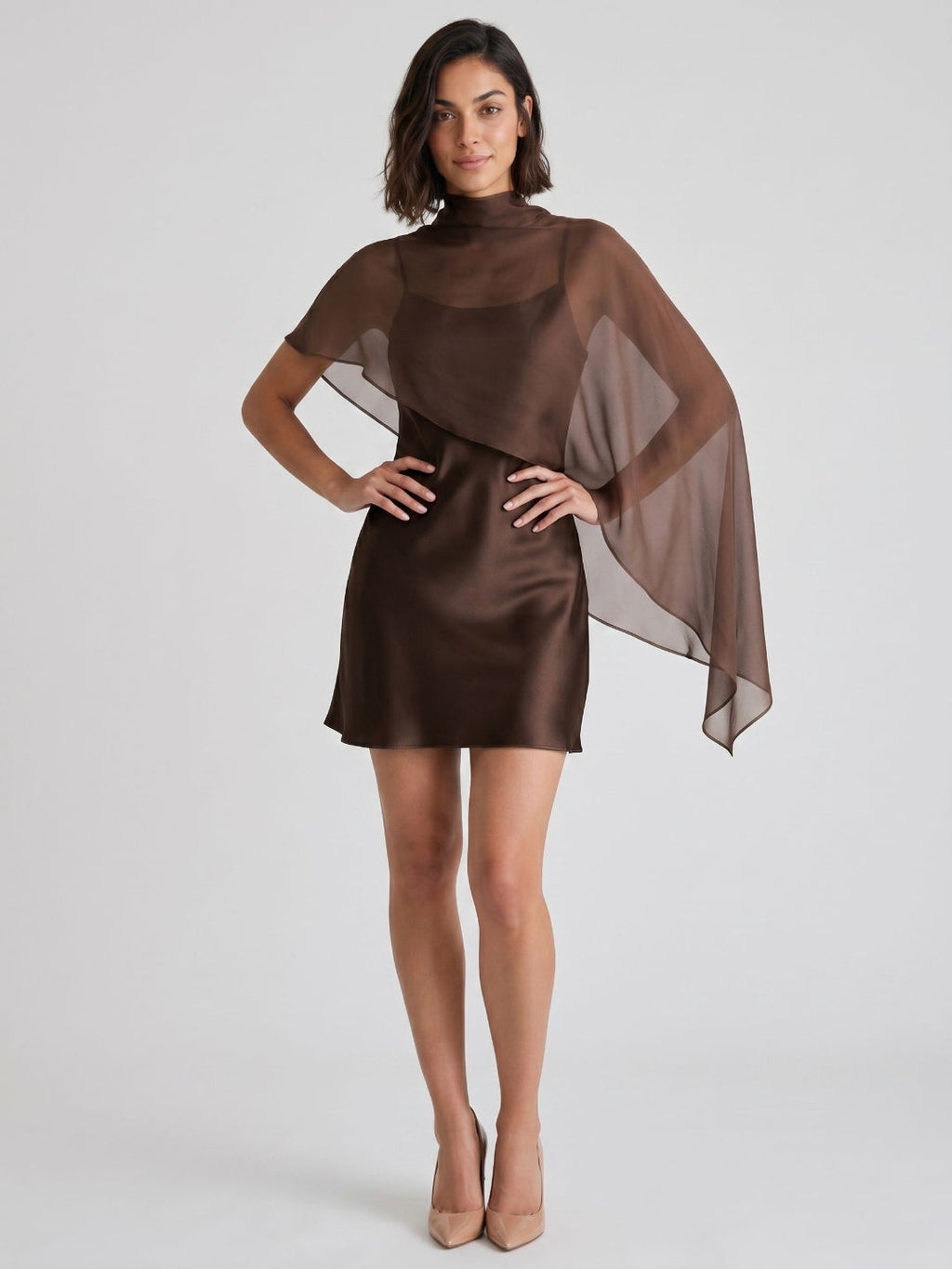 Espresso Satin Sheath Scoop Neck Backless Short Dress with Cape - Curvevia