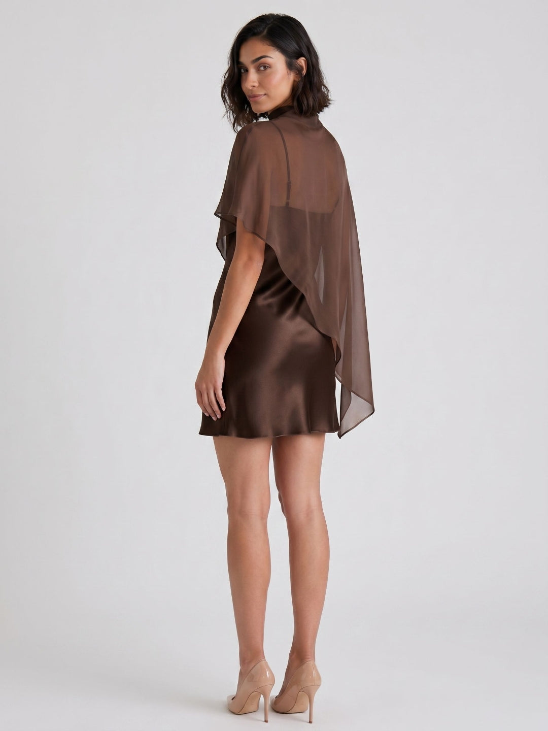Espresso Satin Sheath Scoop Neck Backless Short Dress with Cape - Curvevia