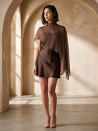 Espresso Satin Sheath Scoop Neck Backless Short Dress with Cape - Curvevia