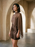 Espresso Satin Sheath Scoop Neck Backless Short Dress with Cape - Curvevia
