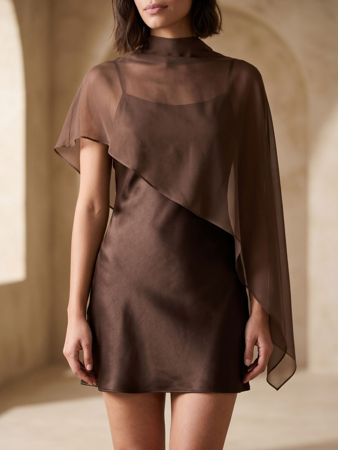 Espresso Satin Sheath Scoop Neck Backless Short Dress with Cape - Curvevia