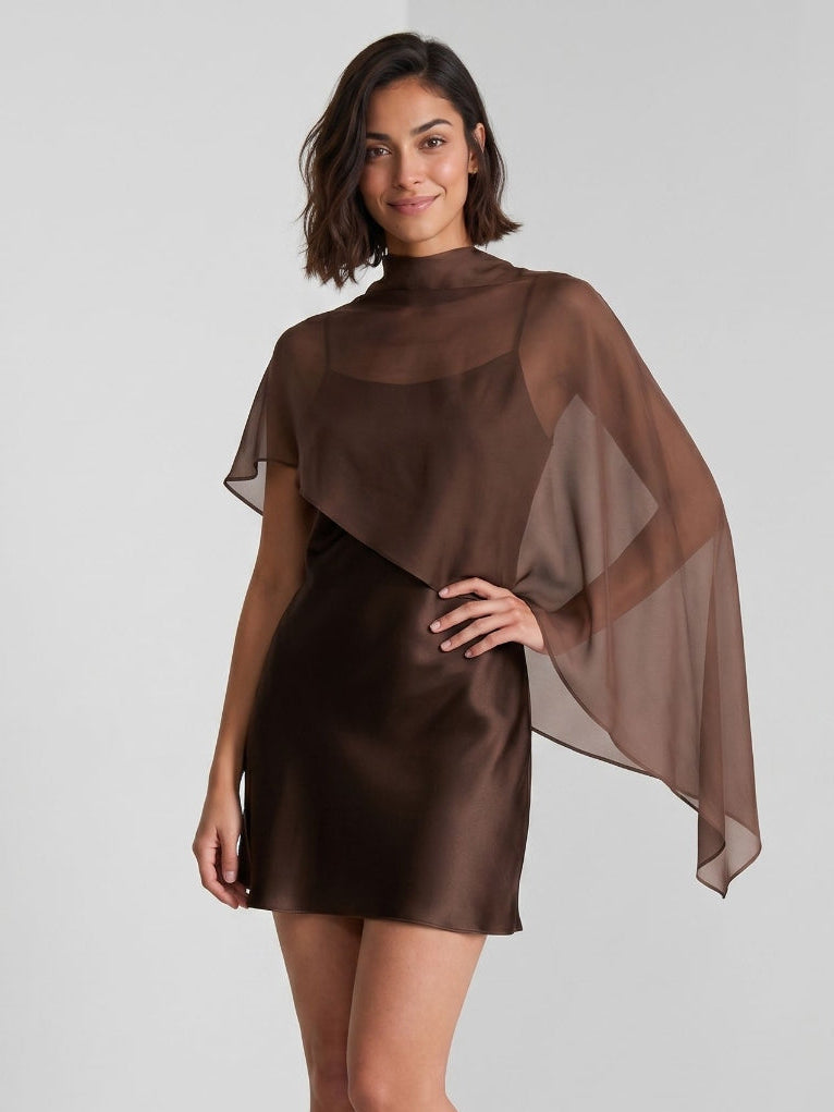 Espresso Satin Sheath Scoop Neck Backless Short Dress with Cape - Curvevia