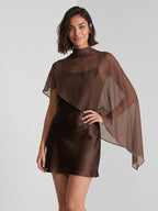 Espresso Satin Sheath Scoop Neck Backless Short Dress with Cape - Curvevia