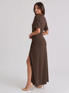 Espresso Stretch Knit Column Scoop Neck Floor-Length Formal Dress with Pleating - Curvevia