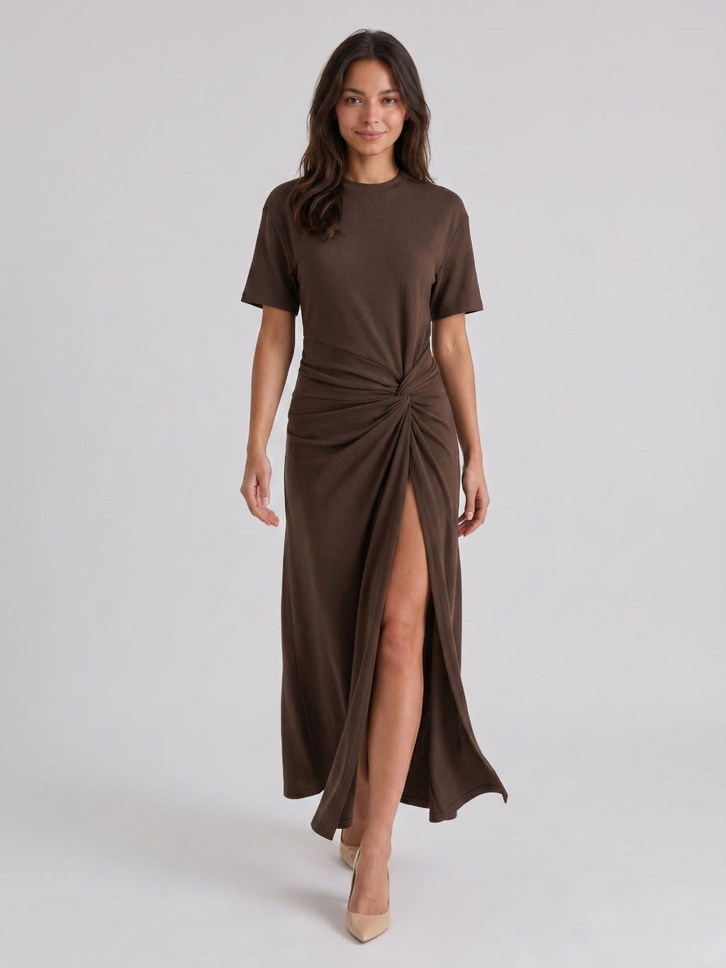 Espresso Stretch Knit Column Scoop Neck Floor-Length Formal Dress with Pleating - Curvevia