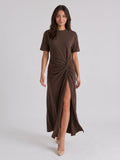 Espresso Stretch Knit Column Scoop Neck Floor-Length Formal Dress with Pleating - Curvevia