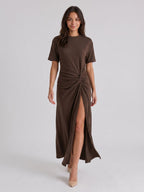 Espresso Stretch Knit Column Scoop Neck Floor-Length Formal Dress with Pleating - Curvevia