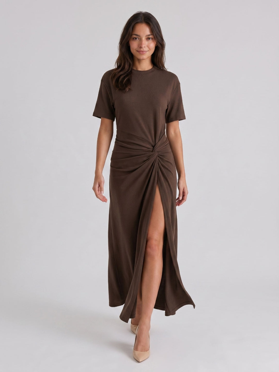 Espresso Stretch Knit Column Scoop Neck Floor-Length Formal Dress with Pleating - Curvevia