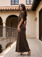 Espresso Stretch Knit Column Scoop Neck Floor-Length Formal Dress with Pleating - Curvevia