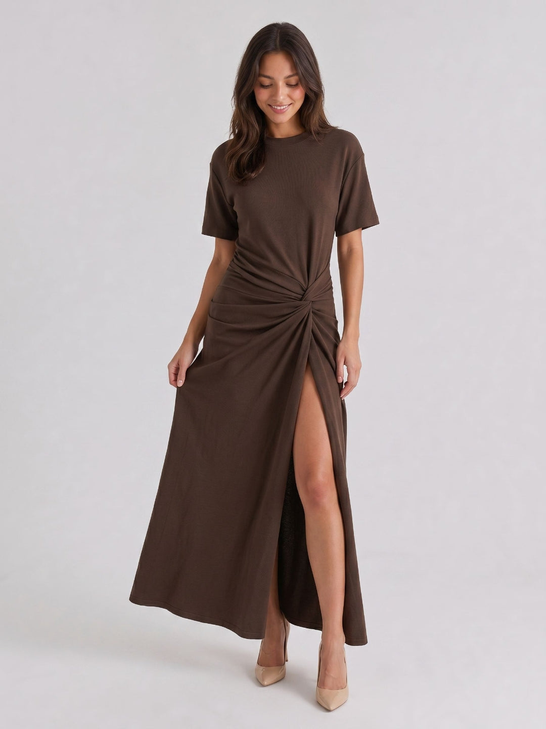 Espresso Stretch Knit Column Scoop Neck Floor-Length Formal Dress with Pleating - Curvevia