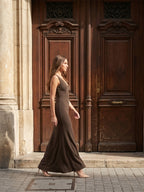 Espresso Stretch Knit Mermaid V-Neck V-Back Floor-Length Bridesmaid Dress - Curvevia