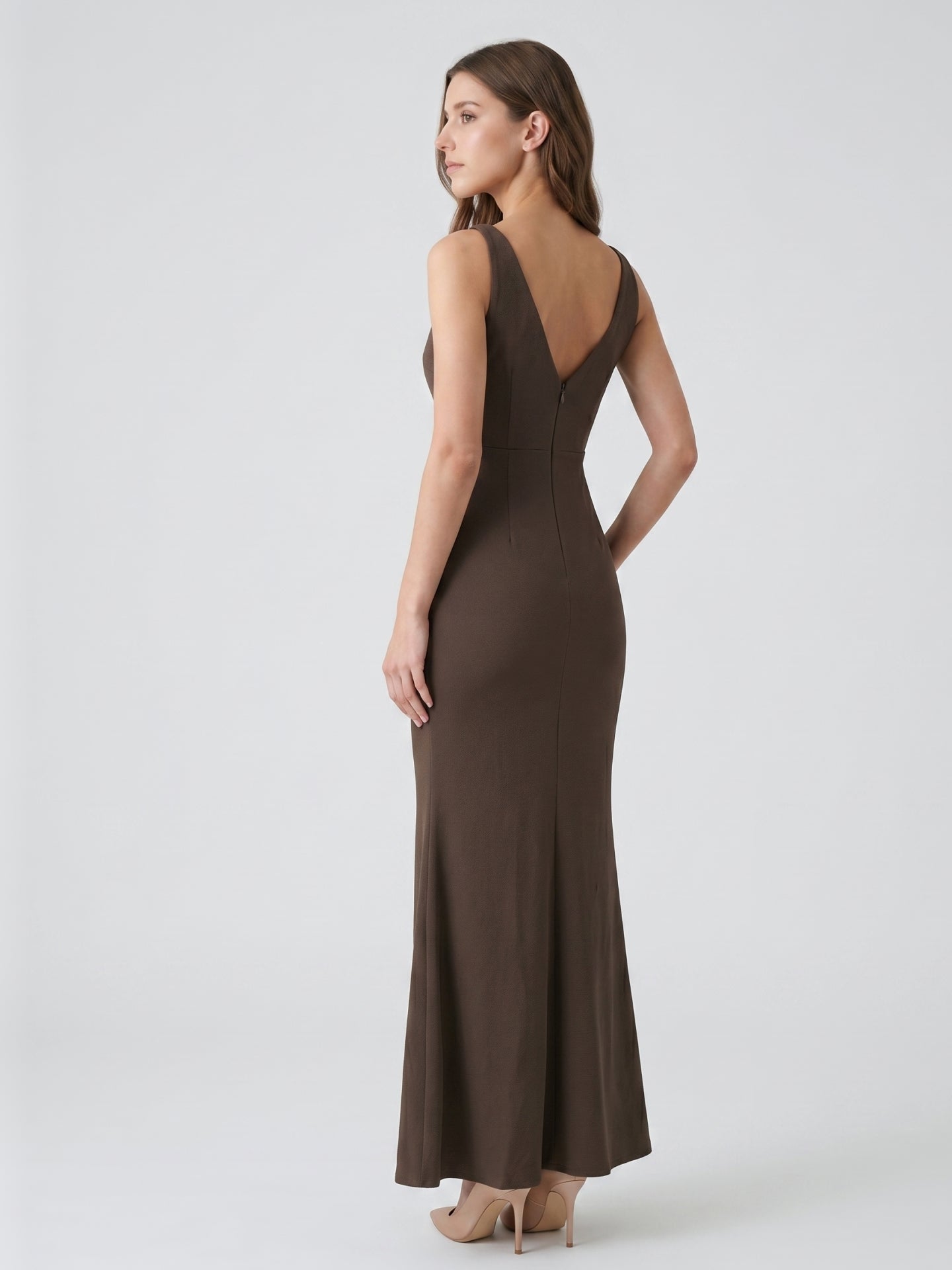 Espresso Stretch Knit Mermaid V-Neck V-Back Floor-Length Bridesmaid Dress - Curvevia