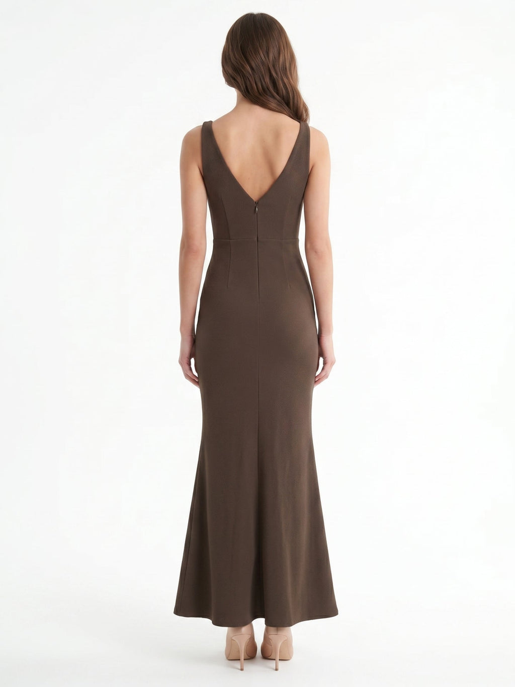 Espresso Stretch Knit Mermaid V-Neck V-Back Floor-Length Bridesmaid Dress - Curvevia