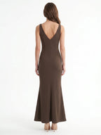 Espresso Stretch Knit Mermaid V-Neck V-Back Floor-Length Bridesmaid Dress - Curvevia