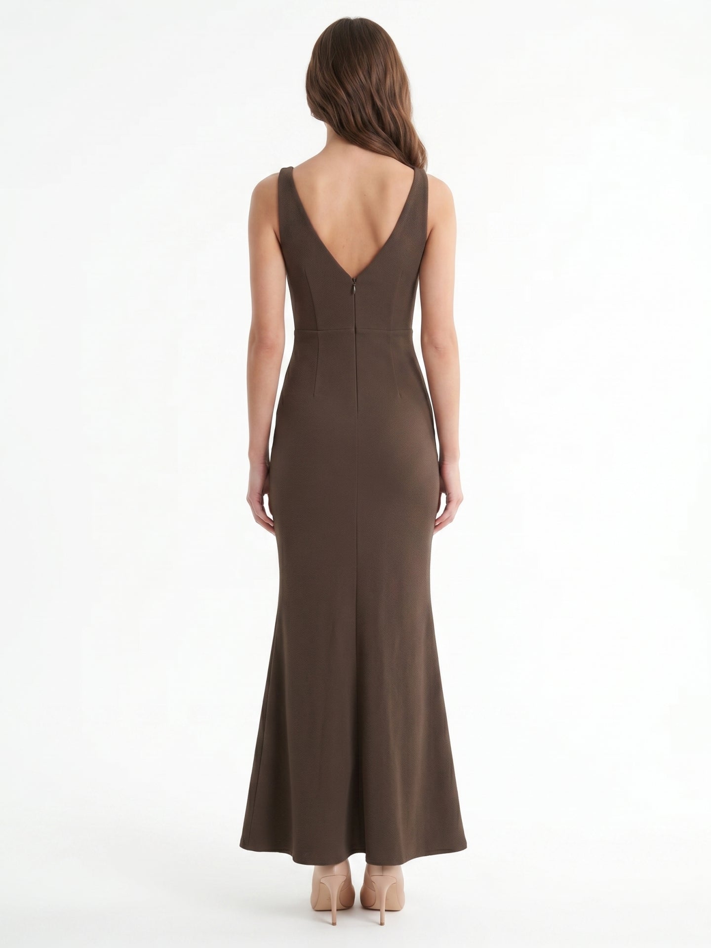 Espresso Stretch Knit Mermaid V-Neck V-Back Floor-Length Bridesmaid Dress - Curvevia