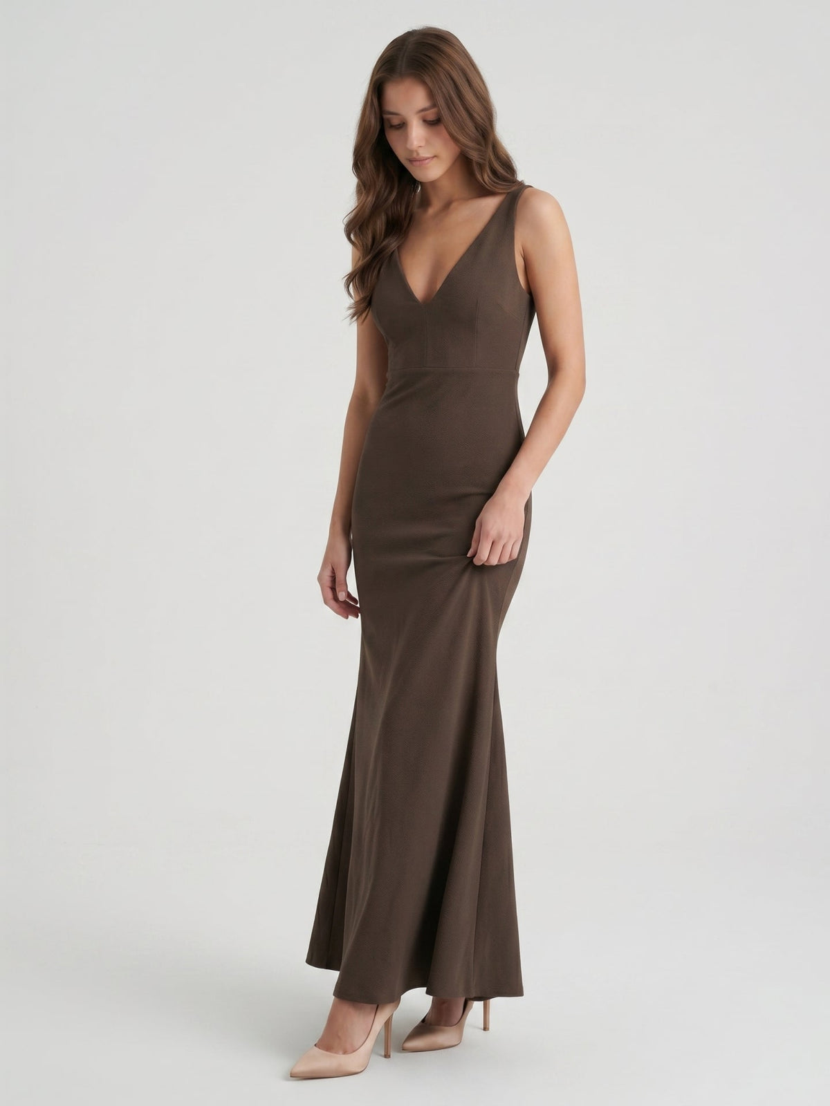 Espresso Stretch Knit Mermaid V-Neck V-Back Floor-Length Bridesmaid Dress - Curvevia