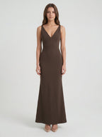 Espresso Stretch Knit Mermaid V-Neck V-Back Floor-Length Bridesmaid Dress - Curvevia