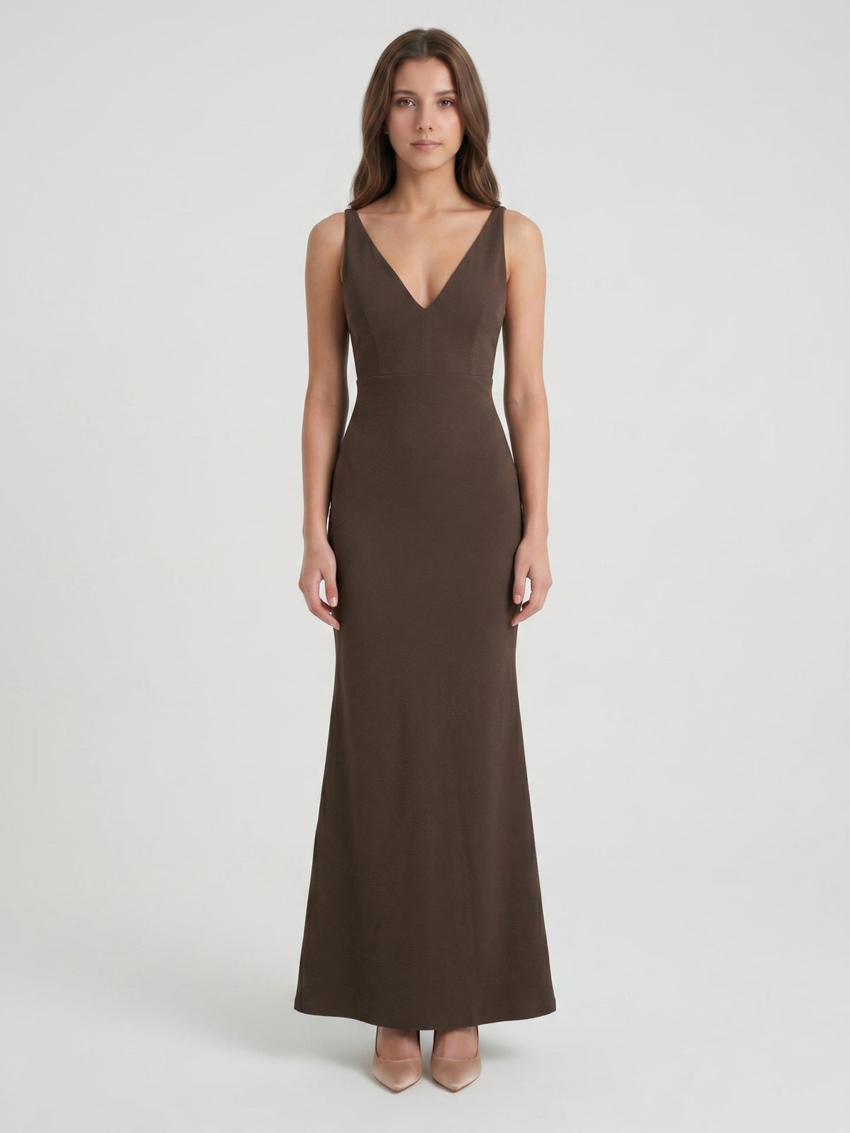 Espresso Stretch Knit Mermaid V-Neck V-Back Floor-Length Bridesmaid Dress - Curvevia