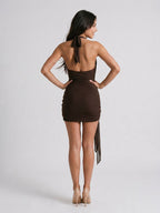 Espresso Stretch Knit Sheath Cowl Neck Backless Short Dress with Bow - Curvevia