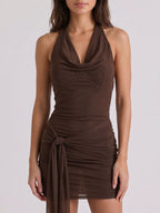 Espresso Stretch Knit Sheath Cowl Neck Backless Short Dress with Bow - Curvevia