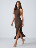 Espresso Stretch Knit Sheath Halter Backless Tea-Length Bridesmaid Dress - Curvevia