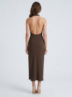 Espresso Stretch Knit Sheath Halter Backless Tea-Length Bridesmaid Dress - Curvevia