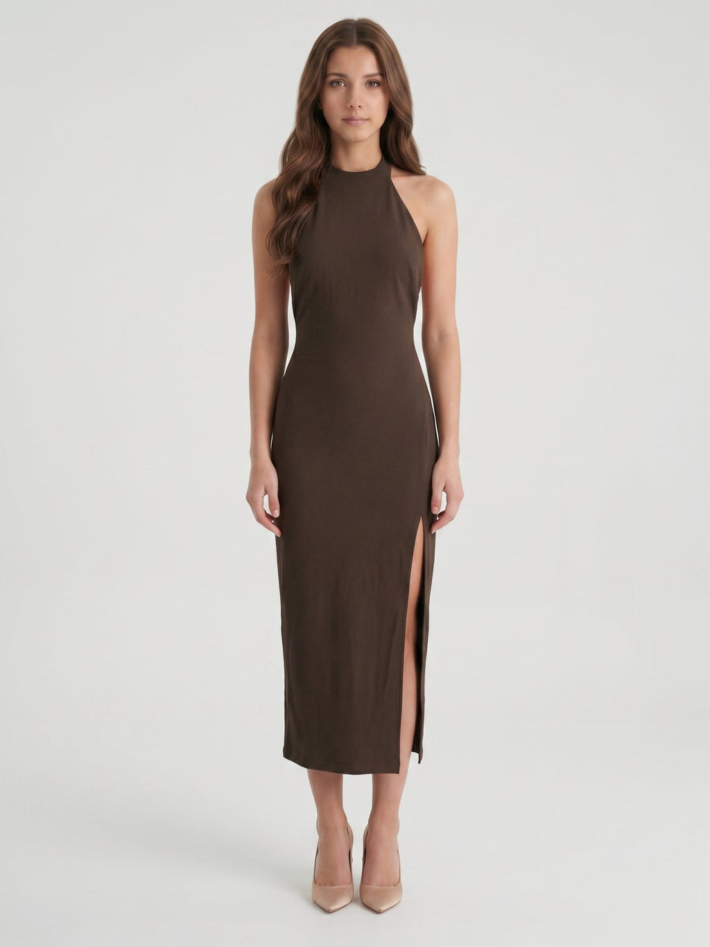 Espresso Stretch Knit Sheath Halter Backless Tea-Length Bridesmaid Dress - Curvevia