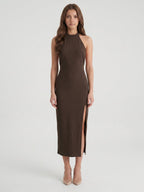 Espresso Stretch Knit Sheath Halter Backless Tea-Length Bridesmaid Dress - Curvevia